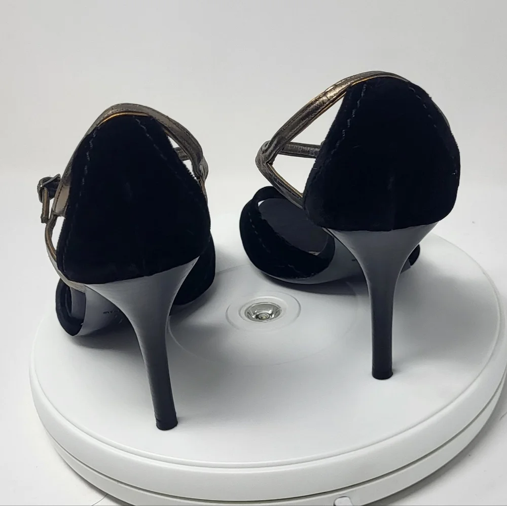 Cole Haan Black Velvet & Brassy Gold Open Toe Stilletto T-Strap Heels - Picture 9 of 16